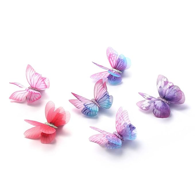 6Pcs/pack 3D Colorful Organza Butterfly Hair Clips - Chiffon Fairy Wings - Ribbon Wrapped Clips Barrettes 0.4Inch Hair Accessories For Women (Multicolor4)