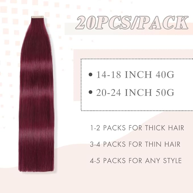 Tape in Hair Extensions Human Hair 20pcs Remy Hair Extensions 22 Inch Burgundy Straight Invisible Human Hair Tape in Extensions Skin Weft Tape Extensions Human Hair (99J#,22 Inch)