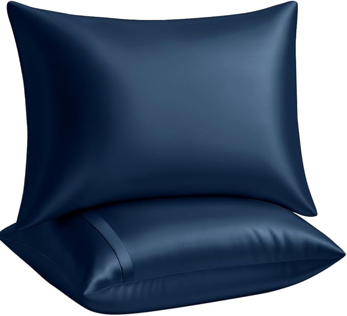 BLISSFORD Satin Pillowcase with Zipper, for Hair and Skin Care, Feels Soft and Cool Like a Silk Pillowcase, Satin Pillow Cases 2 Pack, Slik Pillow Cover, Navy - Queen Size, Set of 2