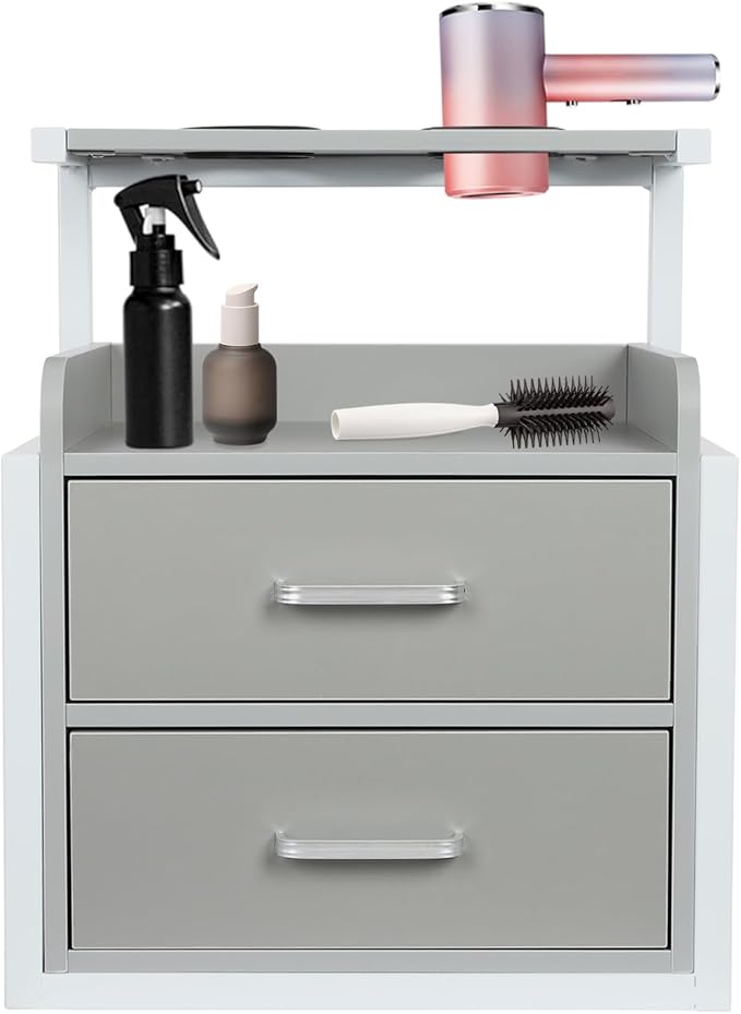 Suspended Salon Station for Hair Stylist, Wall Mounted Styling Salon Station Storage Cabinet w/2*Drawers &Hair Dryer Stand,Floating Nightstand Stylist Storage Cabinet for Home (Gray+ Silver)