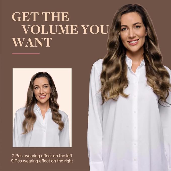 GOO GOO Clip in Hair Extensions Real Human Hair, Remy Human Hair Extensions Clip ins for Women, Natural Human Hair, 18inch 150g 9Pcs, 4/27/4 Balayage Chocolate Brown to Caramel Blonde