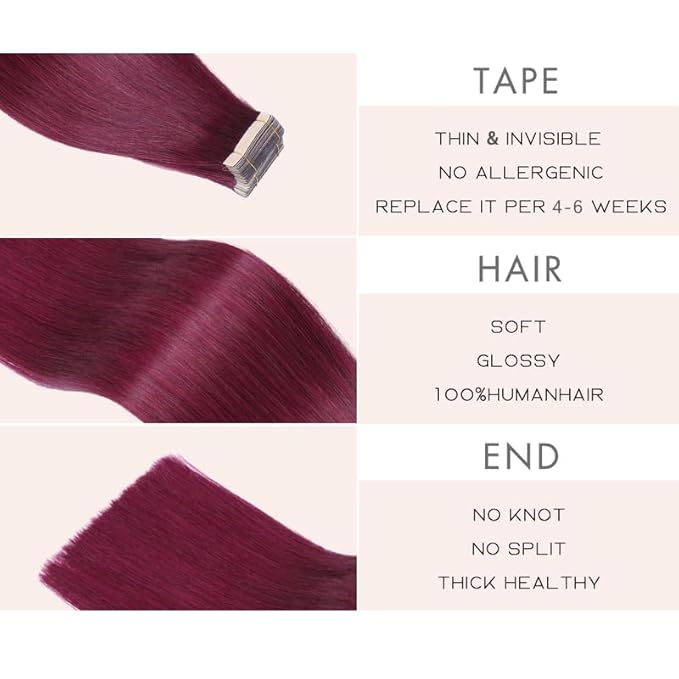 Burgundy Tape in Hair Extensions Human Hair 16 Inch Wine Red 99J Invisible Tape in Hair Extensions Double Sided Seamless Skin Weft Hair (#A99J,16 Inch)