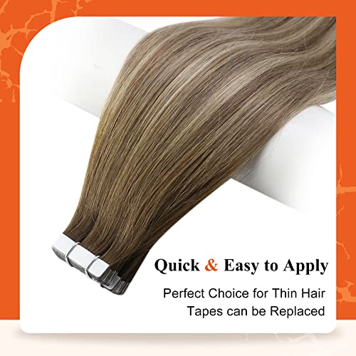 Full Shine Invisible Tape in Hair Extensions 18Inch Remy Tape in Color Dark Brown 3 Fading to 8 and 22 Blonde Double Sided Real Human Hair Extensions 20 Pcs 50G Seamless Brazilian for Wedding