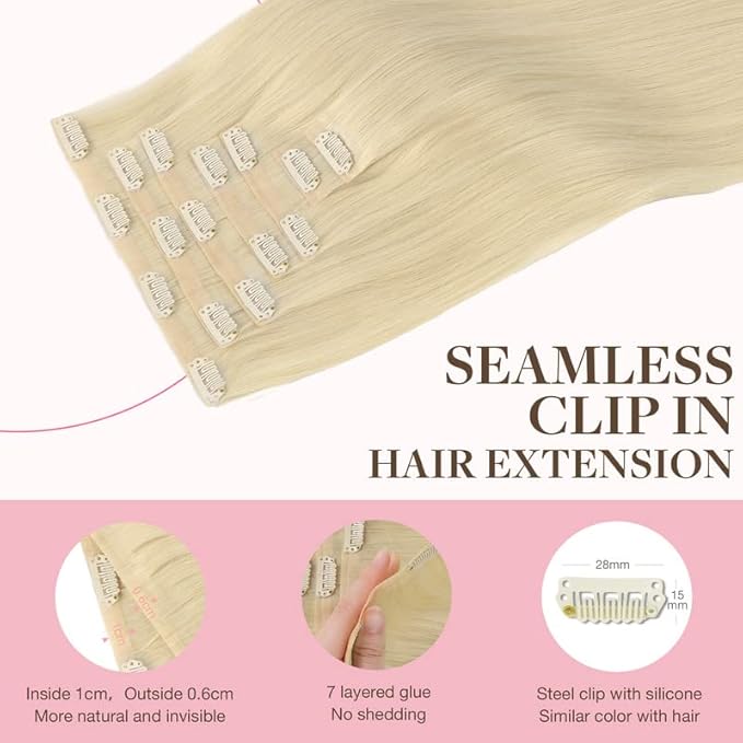 GOO GOO Clip in Hair Extensions Real Human Hair, Remy Human Hair Extensions Clip ins for Women, Natural Human Hair, 14inch 110g 7Pcs, 60A Platinum Blonde