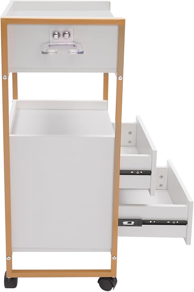 Beauty Salon Tool Organizer, Salon Trolley with Lockable Wheels Barber Cart, Make-Up Organizer Beauty Equipment Storage Trolley with Hair Dryer Rack for Spa, Barber Store, Beauty Salon (Gold, White)