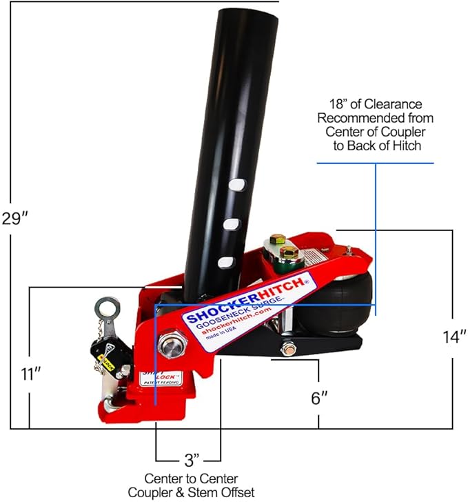Shocker 30K Gooseneck Surge Air Hitch & Shift Lock Coupler for 2-5/16" Ball, 3-15/16" Round Angled Pin