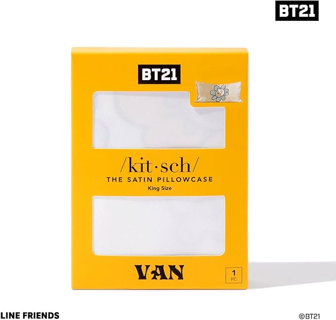 Kitsch x BT21 Satin Pillowcase with Zipper – Better Than Silk Pillowcase, Van Character & Funky Floral Print – Soft Cooling Toddler Bed Time Pillow Case for Hair & Skin – King Size 19x36