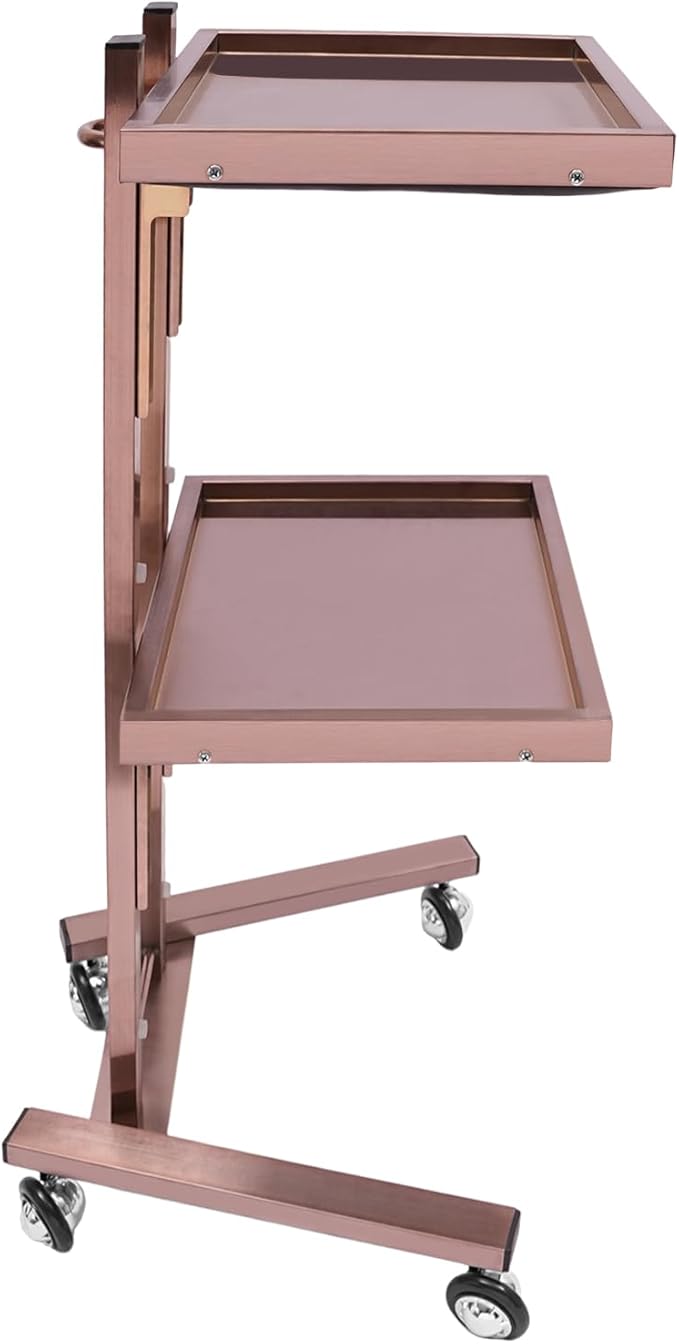 2 Tier Foldable Tray Trolley, Stainless Steel Salon Storage Metal Rolling Cart Mobile Hairdressing Tool Organizer with Wheels for Hair Salon, Studios, Spa Salons (Rose Gold)