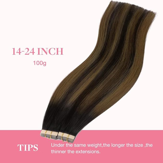 GOO GOO Tape in Hair Extensions Human Hair, 2/6/2 Balayage Dark Brown to Chestnut Brown, 14inch 100g 40pcs, Skin Weft Seamless Invisible, Silky Straight with Thick Ends, Remy Human Hair