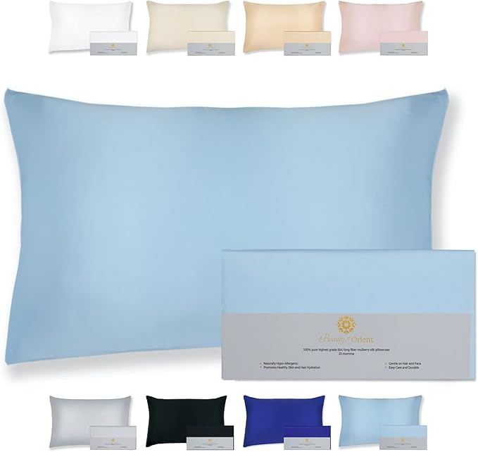 25 Momme Premium Mulberry Silk Pillowcase for Hair and Skin | Handcrafted Hypoallergenic & Anti-Acne Silk Pillow Cases with Zipper | Queen - 20" x 30", Frosty Blue