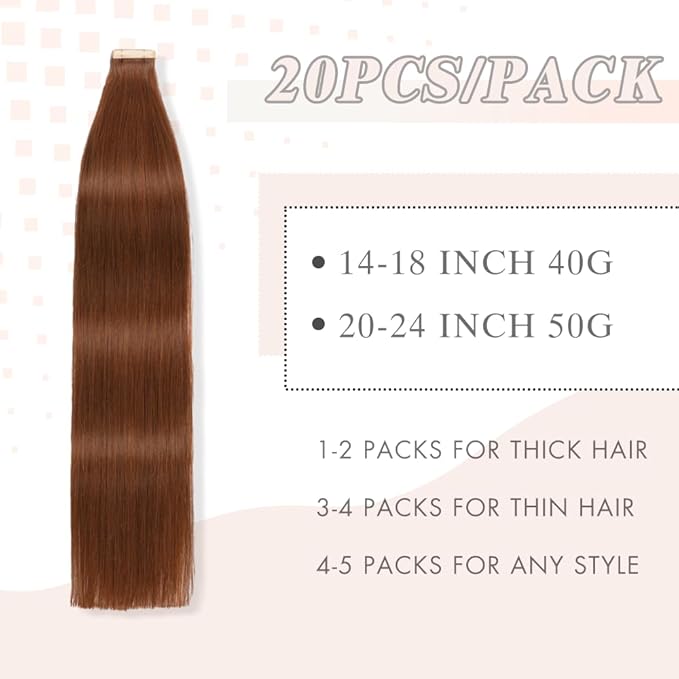 Tape in Hair Extensions Human Hair Dark Auburn Remy Hair Extensions 20pcs 14 Inch Straight Invisible Human Hair Tape in Extensions Skin Weft Tape Extensions Human Hair (33#,14 Inch)