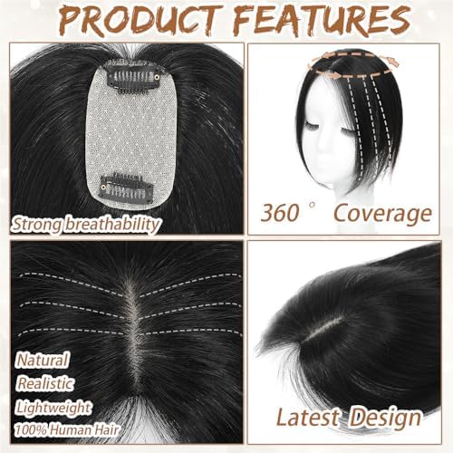 Amchoice Hair Toppers for Women Real Human Hair, Bangs Hair Clip 360° 3D Cover Bangs, Human Hair Toppers for Women Daily(Black, 3D Side Bangss (5 * 9))