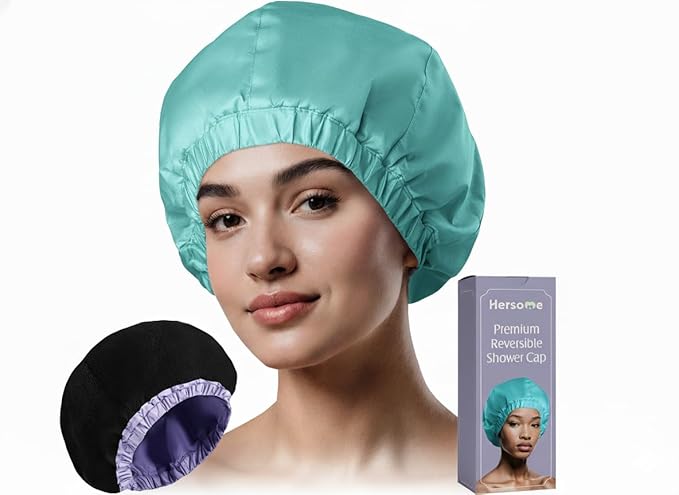 Premium Shower Cap for Women - 1000+ Showers, 100% Waterproof, Double-Sided, Large Shower Cap For Long Hair & Great For Curls (Anti-Frizz Terry Cloth Lining) Turquoise.