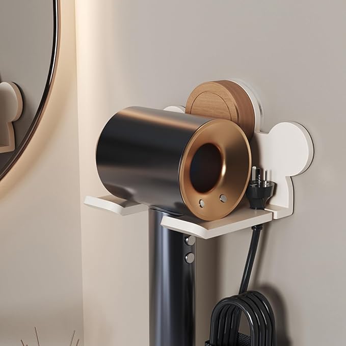 Upgraded Drill-Free Hair Dryer Holder With Hair Tie Organizer- Heavy Duty Double-Stick Tape Wall Mount Organizer for Bathroom, No Drill, Sturdy Carbon Steel Construction, Rust-Resistant (White)