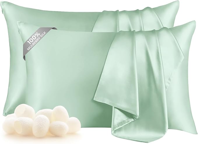 THXSILK Set of 2 Silk Pillowcase for Hair and Skin, 100% Mulberry Silk Bed Pillowcase Ultra-Soft, Hypoallergenic Soft Breathable Silk Pillow Case with Hidden Zipper, King Size 20"x36", Turquoise Green