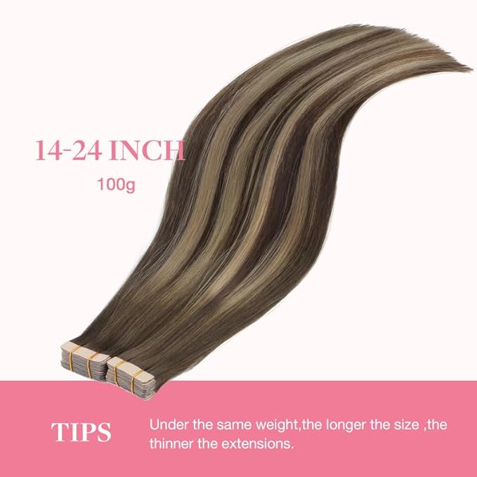 GOO GOO Tape in Hair Extensions Human Hair, 4/26/4 Balayage Chocolate Brown to Honey Blonde, 16inch 100g 40pcs, Skin Weft Seamless Invisible, Silky Straight with Thick Ends, Remy Human Hair