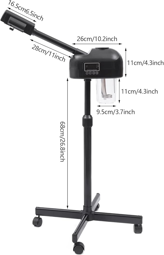 Professional Facial Steamer, 750W Black Skin Care Equipment w/Wheels & LCD Panel, PTC Heating, 600ml Large Capacity Face Steamer Machine, Adjustable Height Hot Mist Steamer for Beauty Salon