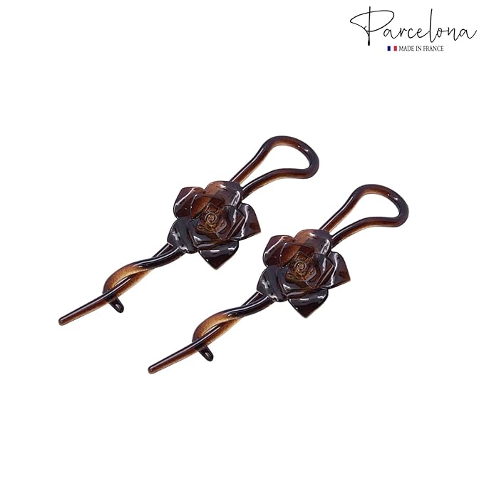 Parcelona French Rose Flower Twist N Clip Set of 2 Cellulose Acetate Shell Hair Clip Barrette 10.5 cm