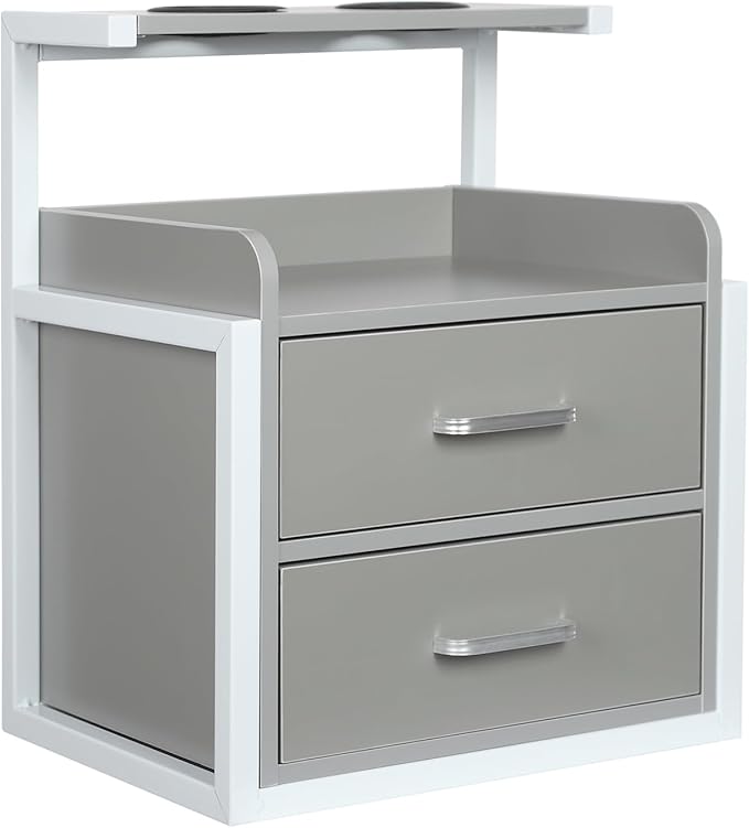 Suspended Salon Station for Hair Stylist, Wall Mounted Styling Salon Station Storage Cabinet w/2*Drawers &Hair Dryer Stand,Floating Nightstand Stylist Storage Cabinet for Home (Gray+ Silver)