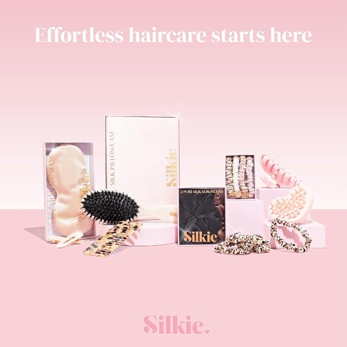 SILKIE x4 Set - Better than Satin - 100% Pure Mulberry Silk Black on Black Skinny Scrunchies Travel Pouch Everyday Hair Ties Elastics Hair Care Ponytail Holder No Damage (Noir)