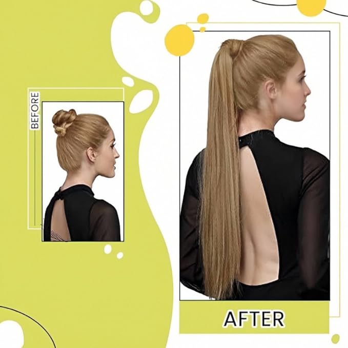 RUNATURE Hair Ponytail Extension Blonde Straight Human Hair Ponytail Extension 16 Inch Dark Blonde with Caramel Blonde Short Ponytail Human Hair Extension with Magic Paste Full Ends 80g