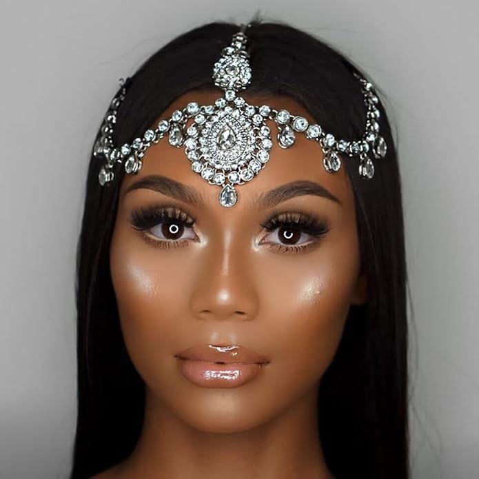 YERTTER Wedding Silver Rhinestone Head Chain With Clip Jewelry Forehead Tassel Fringe Headband Headpiece Crystal Chain Headband Hair Accessories for Women Brides Prom Costume(Silver 2)