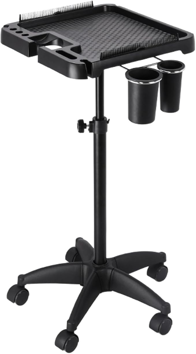 Salon Rolling Tray, Height Adjustable Tattoo Tray Rolling Cart, Storage Utility Trolley for Spa, Beauty Salon Service, Hairdresser Cart with Wheels, Black (Upgrade Black-Tray)