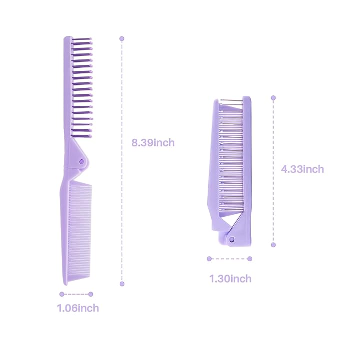 RHOS 2-Pieces Mini Folding Combs for Purse and Travel, Double Headed Small Combs and Brush Set for Women,Girls (Pink & Purple)