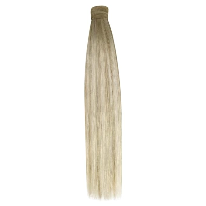 Ve Sunny Hair Extensions Ponytail Real Human Hair 80G Wrap Around Clip in Ponytail Hair Extensions Straight Extensions Human Hair for Women Ash Grey Balayage Platinum Blonde 14inch