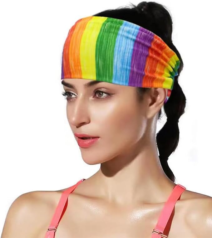 Rainbow Headband for Women Non Slip Elastic Sweat Hairbands Fashion Sports Hair Bands Soft Cloth Fabric Stretchy Headband for Running Workout Yoga