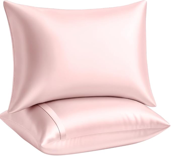 BLISSFORD Pink Satin Pillowcase with Zipper, for Hair and Skin Care, Feels Soft and Cool Like a Silk Pillowcase, Satin Pillow Cases 2 Pack, Slik Pillow Cover, Queen Size - Set of 2