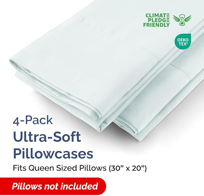 Queen Pillow Cases - 4 Pack - Super Soft Pillowcase Covers - Envelope Enclosure - Hotel Quality Pillow Protectors - Wrinkle Free, Shrink and Stain Resistant - Machine Washable - 20" x 30" (Ice Blue)