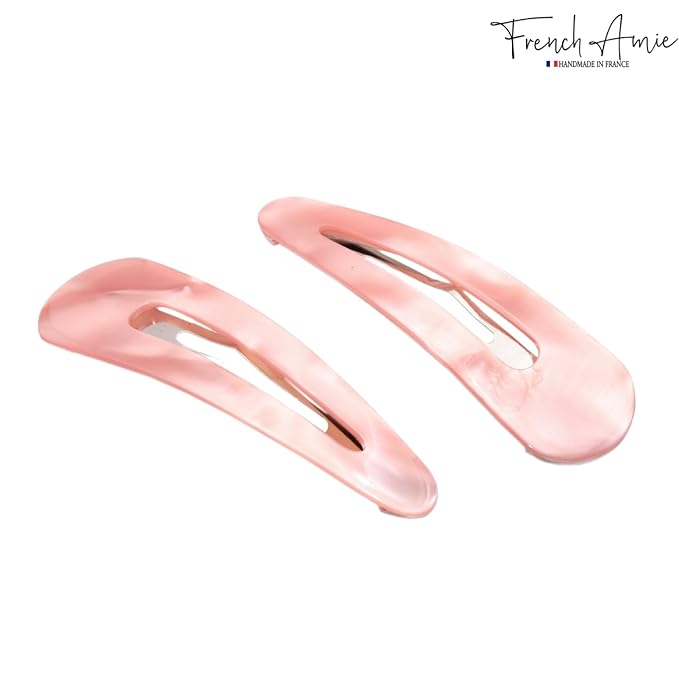 French Amie Clic Clac Large Handmade Celluloid Acetate Set of 2 Snap Hair Clips No Slip Side Slide-in Barrette for Women and Girls (Blush Pink)