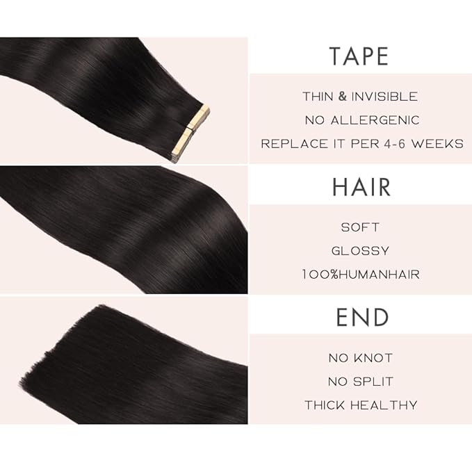 Tape in Hair Extensions Real Human Hair 16 Inch Jet Black Double Sided Tape for Skin Weft Hair Extension Invisible Tape in Hair Extensions Straight Remy Human Hair for Women(1#,16 Inch)