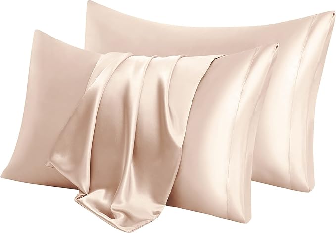 Aormenzy Beige Satin Pillowcase for Hair and Skin, Satin Pillow Cases for Women Standard Size Set of 2 with Envelope Closure Silky Pillow Covers Wrinkle, Fade Resistant (20x26 Inches)