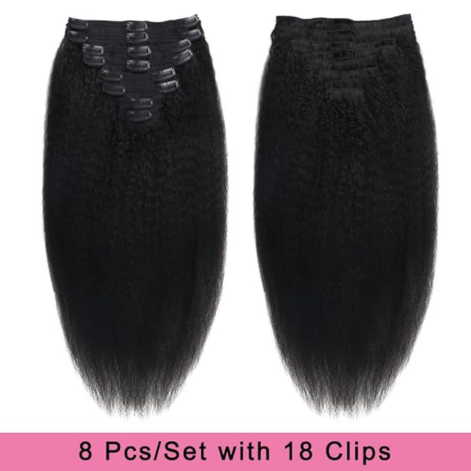 Kinky Straight Human Hair Clip in Extensions 120g Full Head Clip ins for Women 100% Unprocessed Brazilian Virgin Human Hair Yaki Straight Clip ins Remy Hair Natural Black 8Pcs 18Clips 14inch