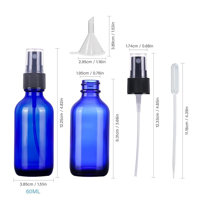 2oz Blue Glass Spray Bottles,Empty Small Perfume Travel Refillable Reusable Fine Mister Spray Bottle for Hair,Cleaning Solutions,Aromatherapy and Essential Oil with Extra Nozzle(2 Pack)