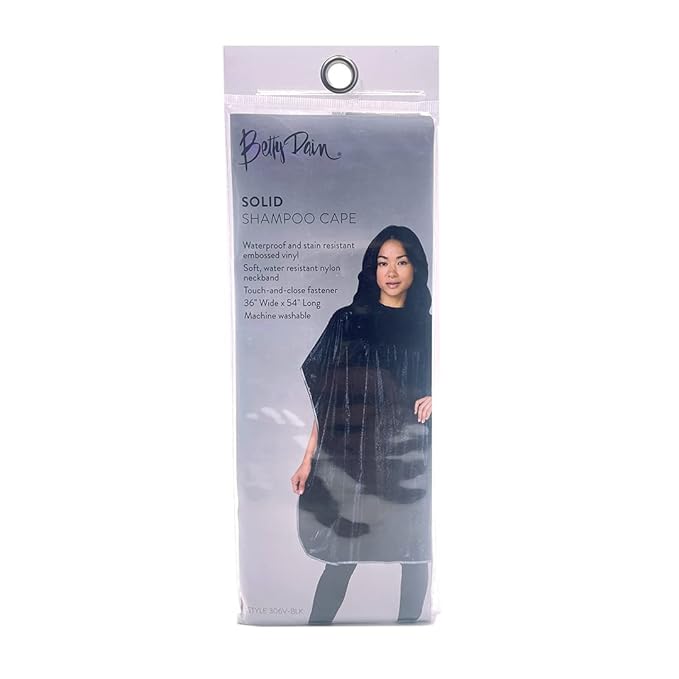 Betty Dain Hair Stylist Shampoo Cape, Waterproof and Stain Resistant Vinyl, Soft Nylon Neckband, Classic Black Color Design, Touch-and-close Fastener, 36 x 54 inches, Black