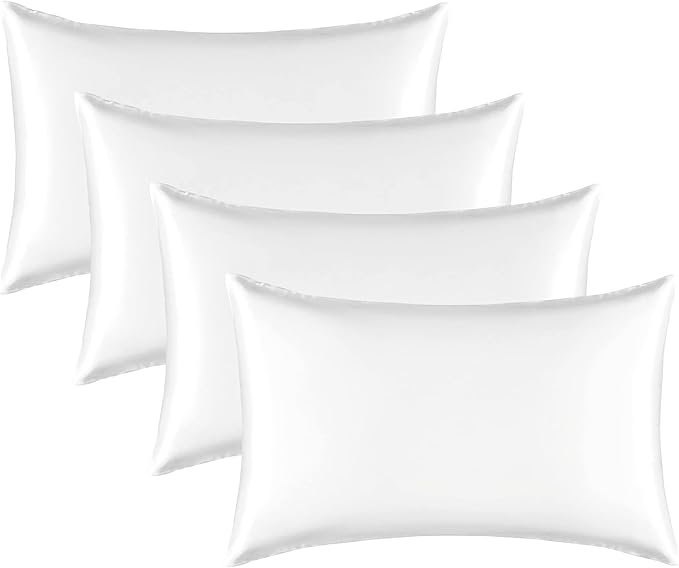 Satin Silk Pillowcase for Hair and Skin, Black Pillow Cases Standard Size Set of 4 Pack Super Soft Pillow Case with Zipper Closure (White, Standard(4 Pack))