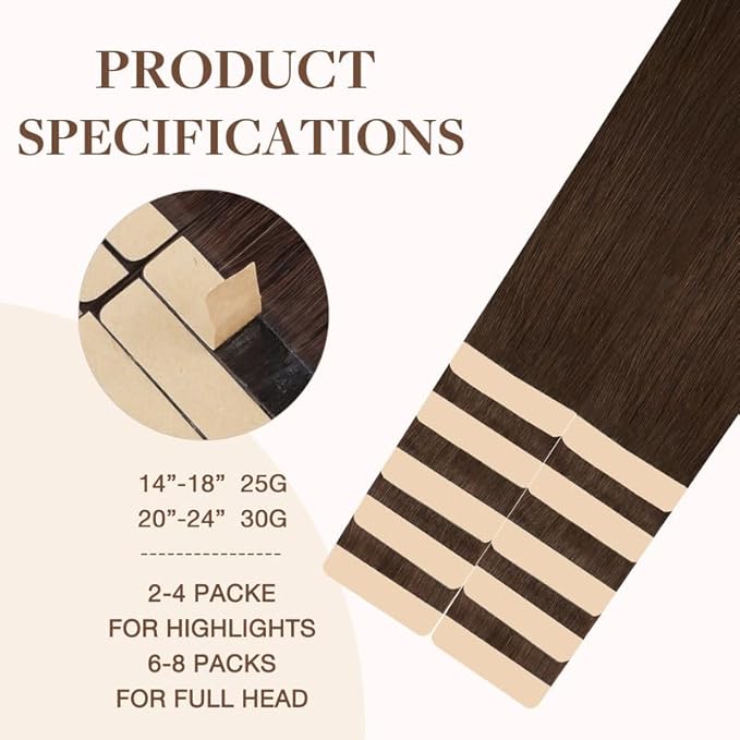 GOO GOO Tape in Hair Extensions Human Hair, 4A Chocolate Brown, 16inch 25g 10pcs, Skin Weft Seamless Invisible, Silky Straight with Thick Ends, Remy Human Hair