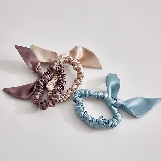THXSILK Hair Silk Scrunchies with Bow for Women Pure Mulberry Silk Hair Cute Ring Ties Scrunchies for Girls Women's Thick Hair, White, 2.8"