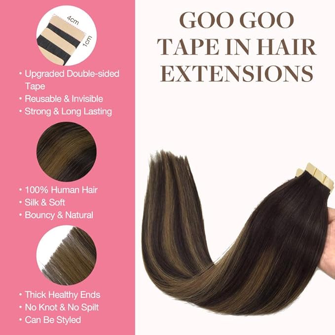 GOO GOO Tape in Hair Extensions Human Hair, 2/6/2 Balayage Dark Brown to Chestnut Brown, 24inch 30g 10pcs, Skin Weft Seamless Invisible, Silky Straight with Thick Ends, Remy Human Hair