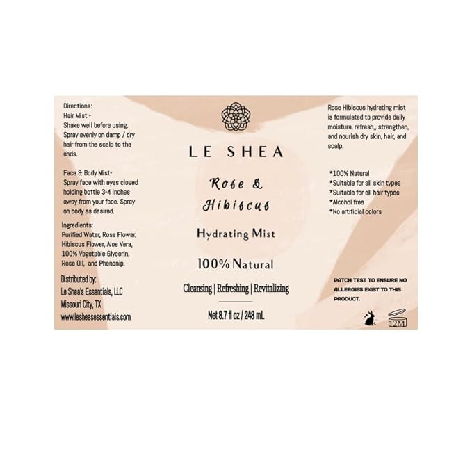 LE SHEA Hibiscus & Rose Water Spray w Aloe, Essential Oil, Refresh Condition Braid Dreadlock Loc Rosewater Facial Skin Body Face Mist 8.7 oz