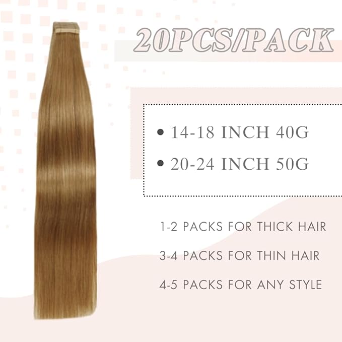 Tape in Hair Extensions Human Hair 20pcs Remy Hair Extensions 18 Inch Honey Blonde Straight Invisible Human Hair Tape in Extensions Skin Weft Tape Extensions Human Hair (27#,18 Inch)