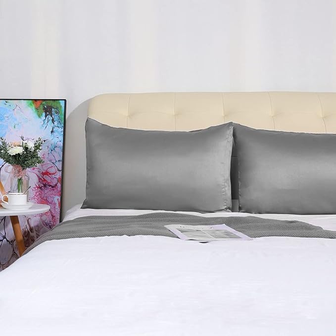 uxcell 2 Pack Silk Satin Pillowcase for Hair and Skin, Cool, Silky, Soft Breathable Pillow Cases Queen Size 20x30 Inch Sateen Pillowcase Grey with Envelope Closure