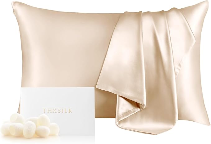 THXSILK 100% Mulberry Silk Pillowcase for Hair and Skin Health, Soft and Smooth Pillowcase with Hidden Zipper, Both Sides Premium Grade 6A+ Silk, 1pc (Standard 20"x26", Beige)