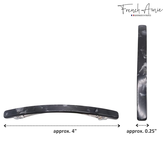 French Amie Long and Thin Large 4" Celluloid Handmade No Slip Durable Hair Barrette Clip for Women, Made in France (Black Nycra)