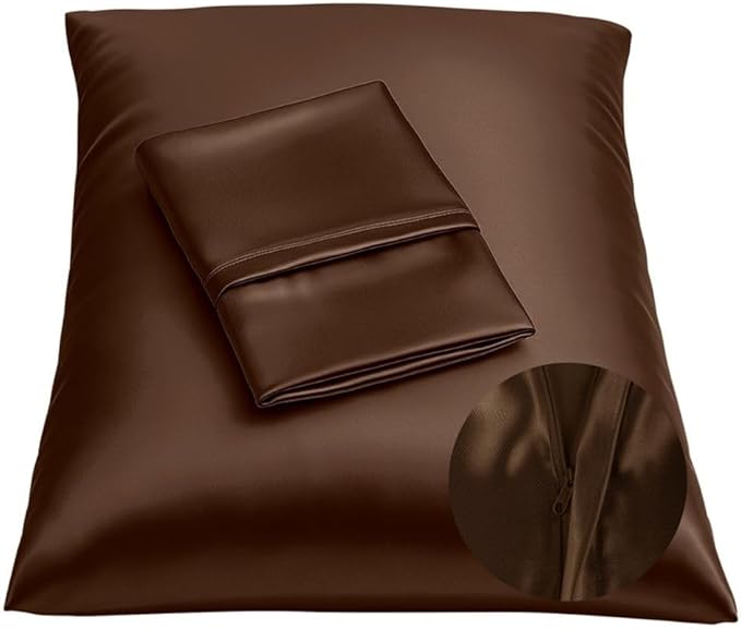 BLISSFORD Brown Satin Pillowcase with Zipper, for Hair and Skin Care, Feels Soft and Cool Like a Silk Pillowcase, Satin Pillow Cases 2 Pack, Slik Pillow Cover, Queen Size, Set of 2
