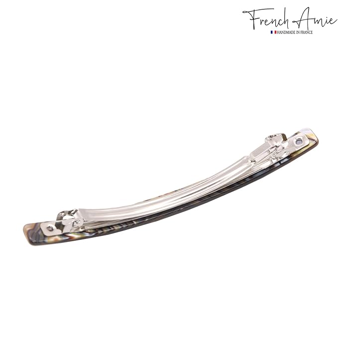 French Amie Long and Thin Large 4" Celluloid Automatic Handmade Hair Clip for Girls Strong Hold No Slip Grip Hair Claw Clips for Women, Made in France (Onyx)