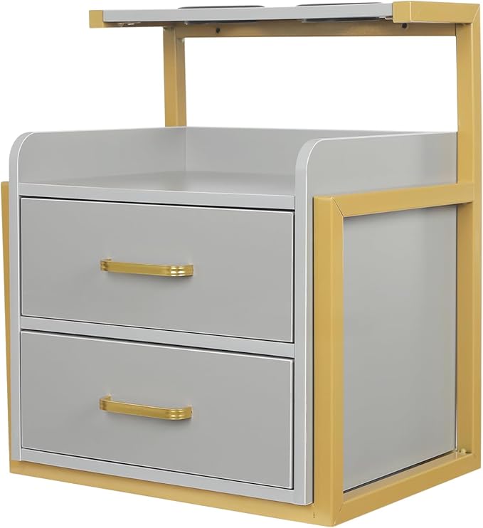Suspended Salon Station for Hair Stylist, Wall Mounted Styling Salon Station Storage Cabinet w/2*Drawers &Hair Dryer Stand,Floating Nightstand Stylist Storage Cabinet for Home (Glod+Gray)
